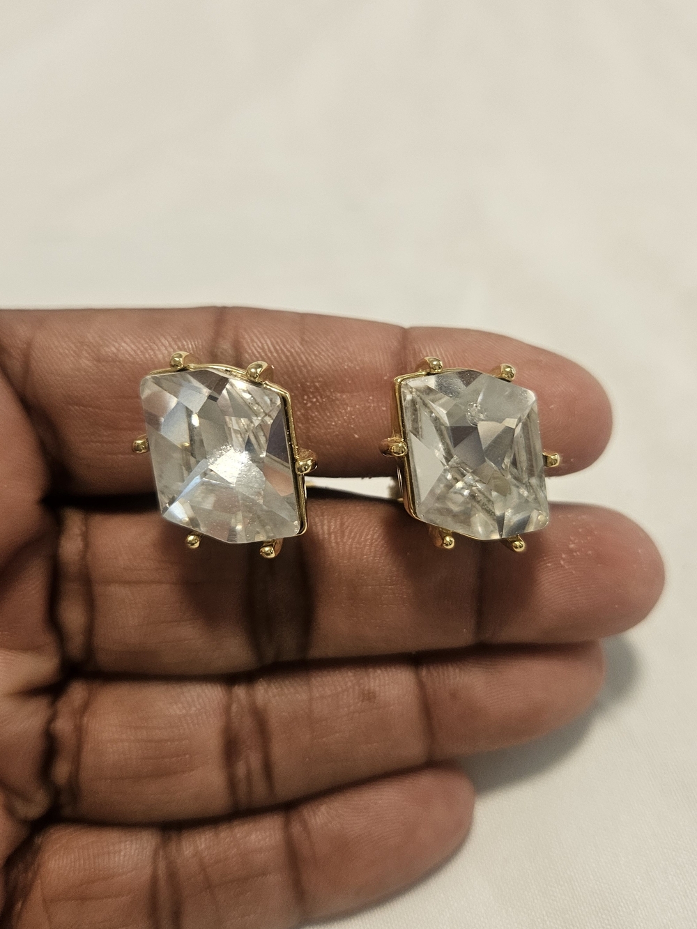 Kenneth Jay Lane Clear Crystal Gold-Trim Rectangle Stud Earrings - Picture 4 of 4